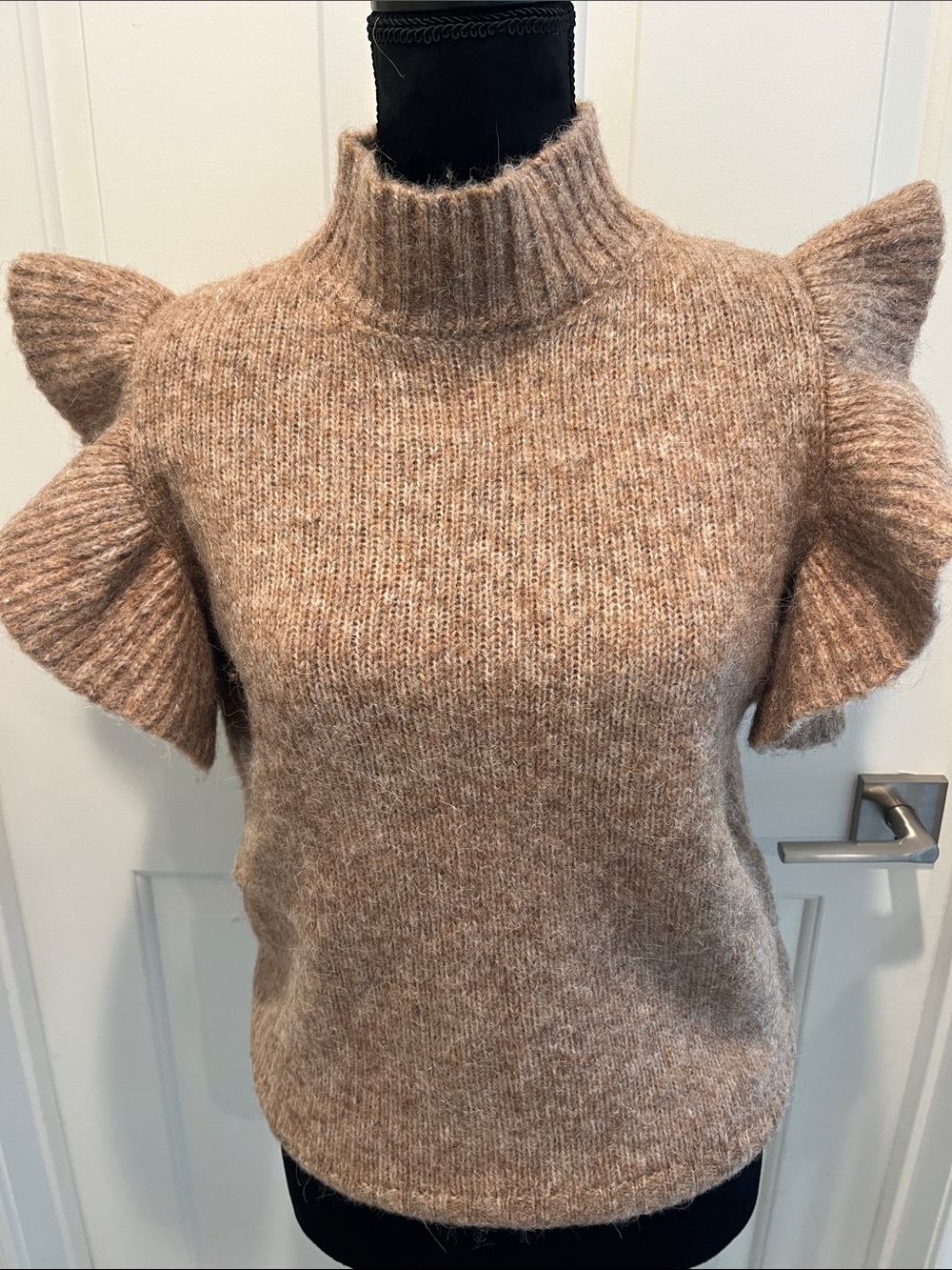 Zara Taupe Ribbed Turtleneck Sweater with Ruffle Sleeves